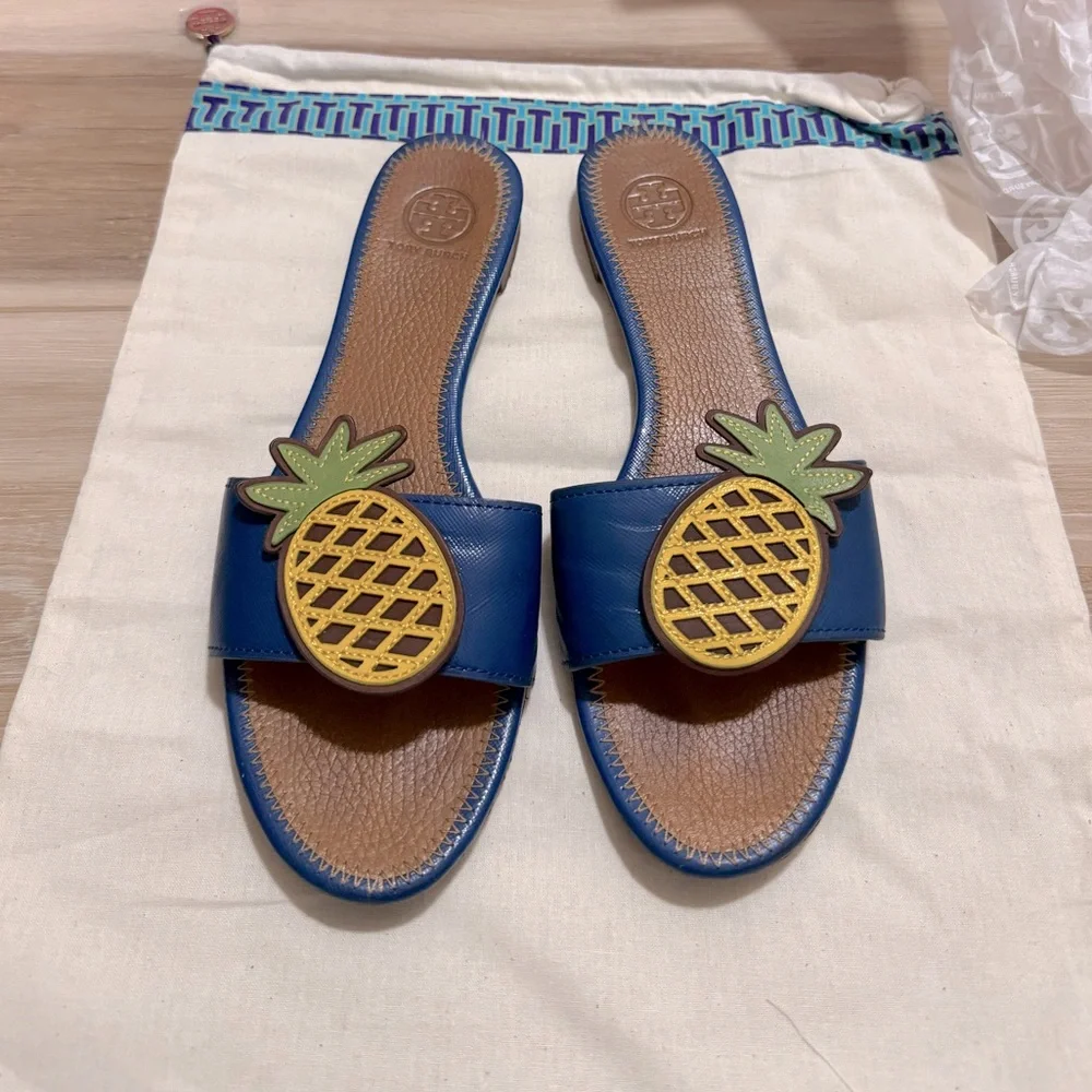 Rare Tory Burch Banana Yellow Neptune Pineapple Flat Slides Sandals 8.5M w/ Box